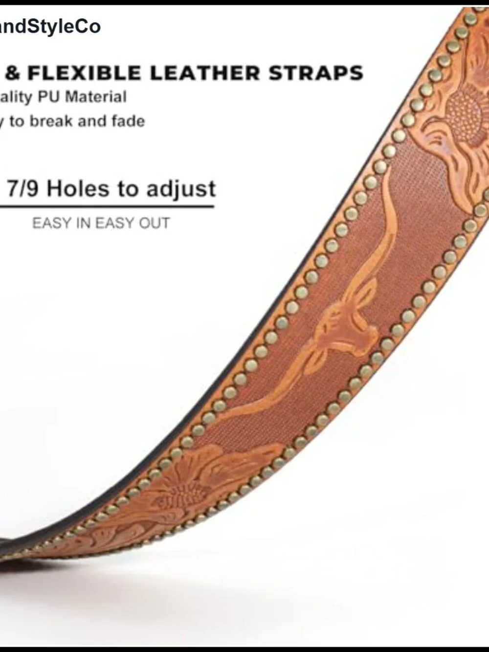 Western PU Leather Belt Strap with Carved Patterns, Interchangeable Buckle, for